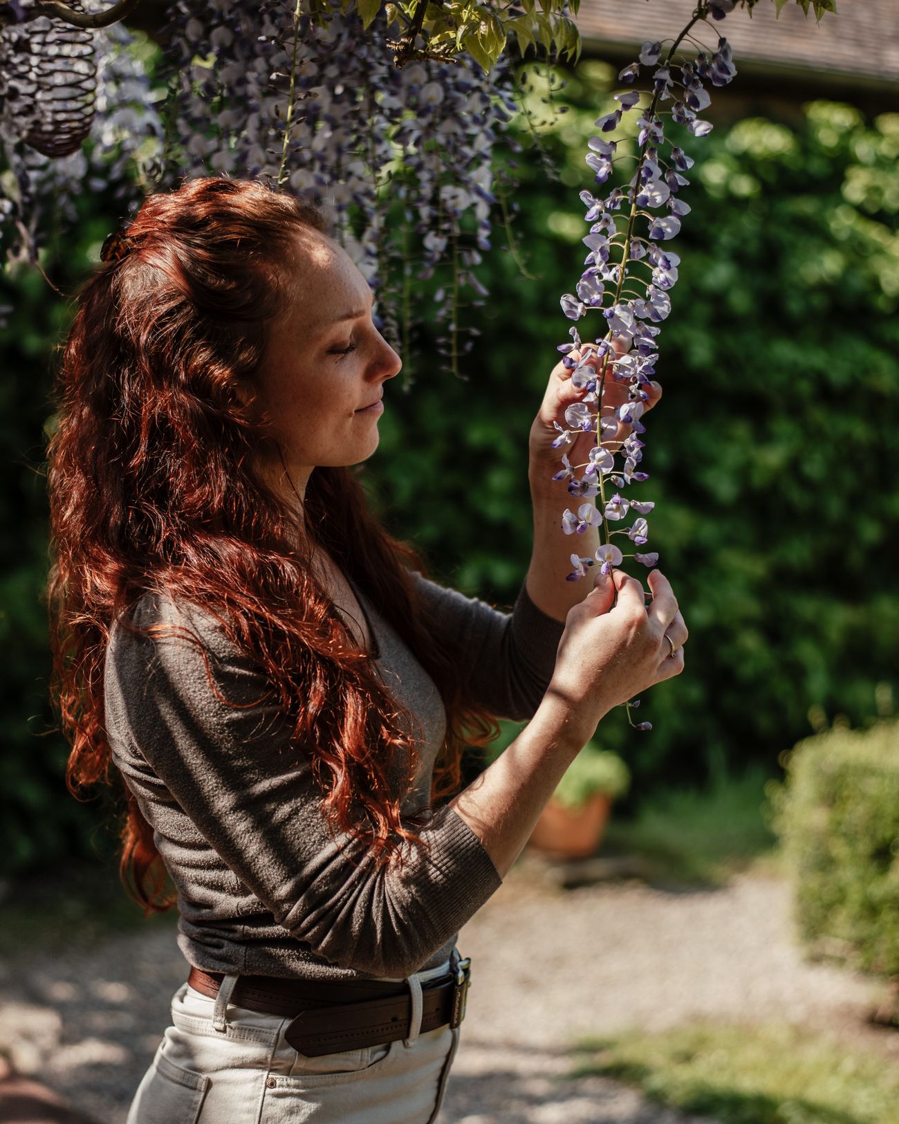 Laura Bridier effleurant une grappe de glycine en fleurs.